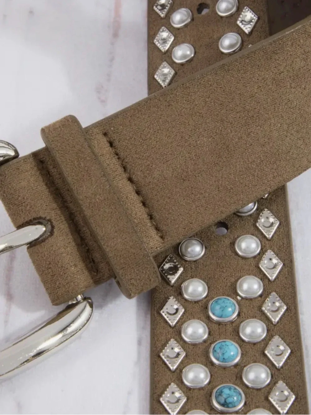 Brown Turquoise & Pearl Studded Western Belt